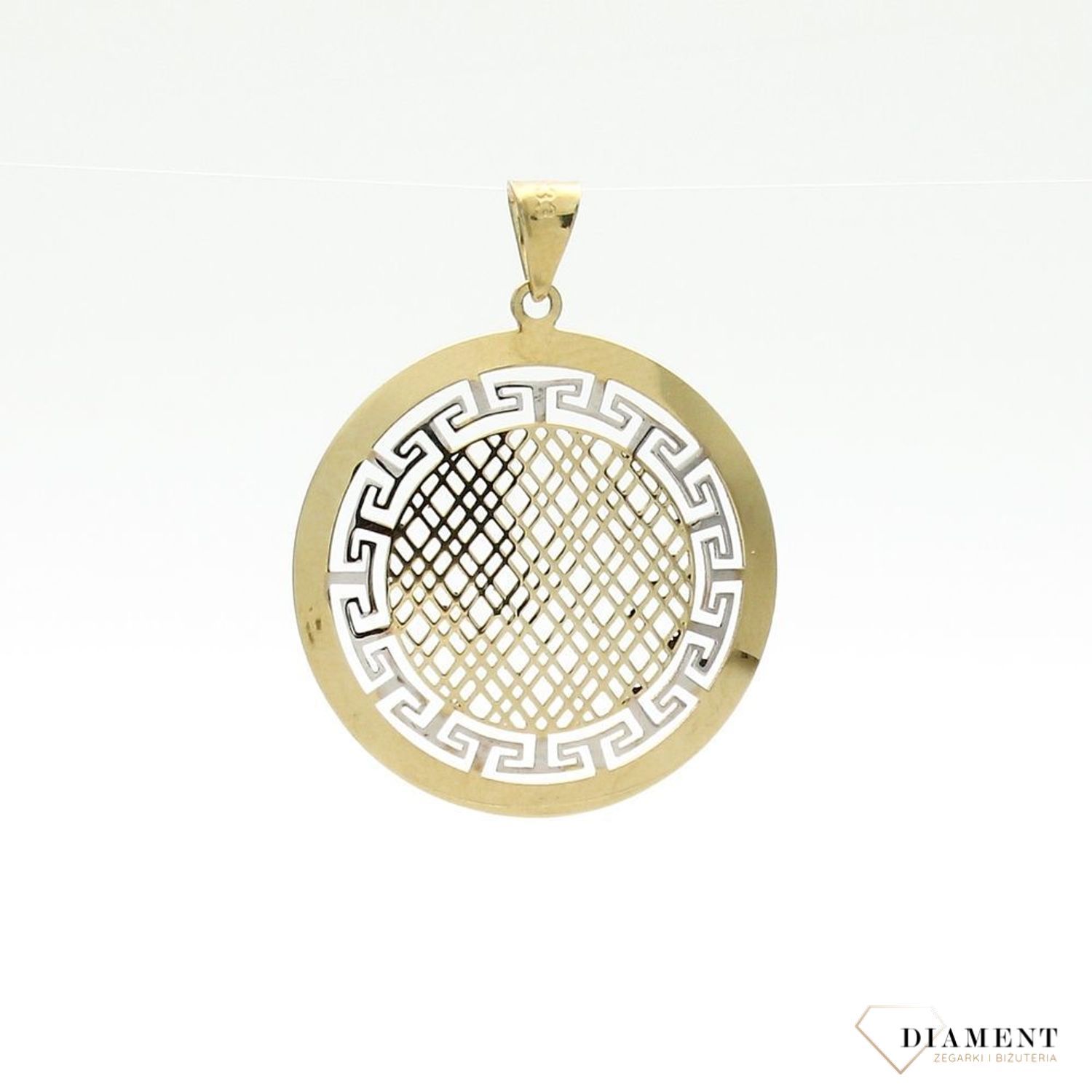 Złoty wisiorek ażurowy ze wzorem drogi greckiej. Połączenie białego i żółtego złota sprawia, że całość wygląda niezwykle pięknie.12.jpg